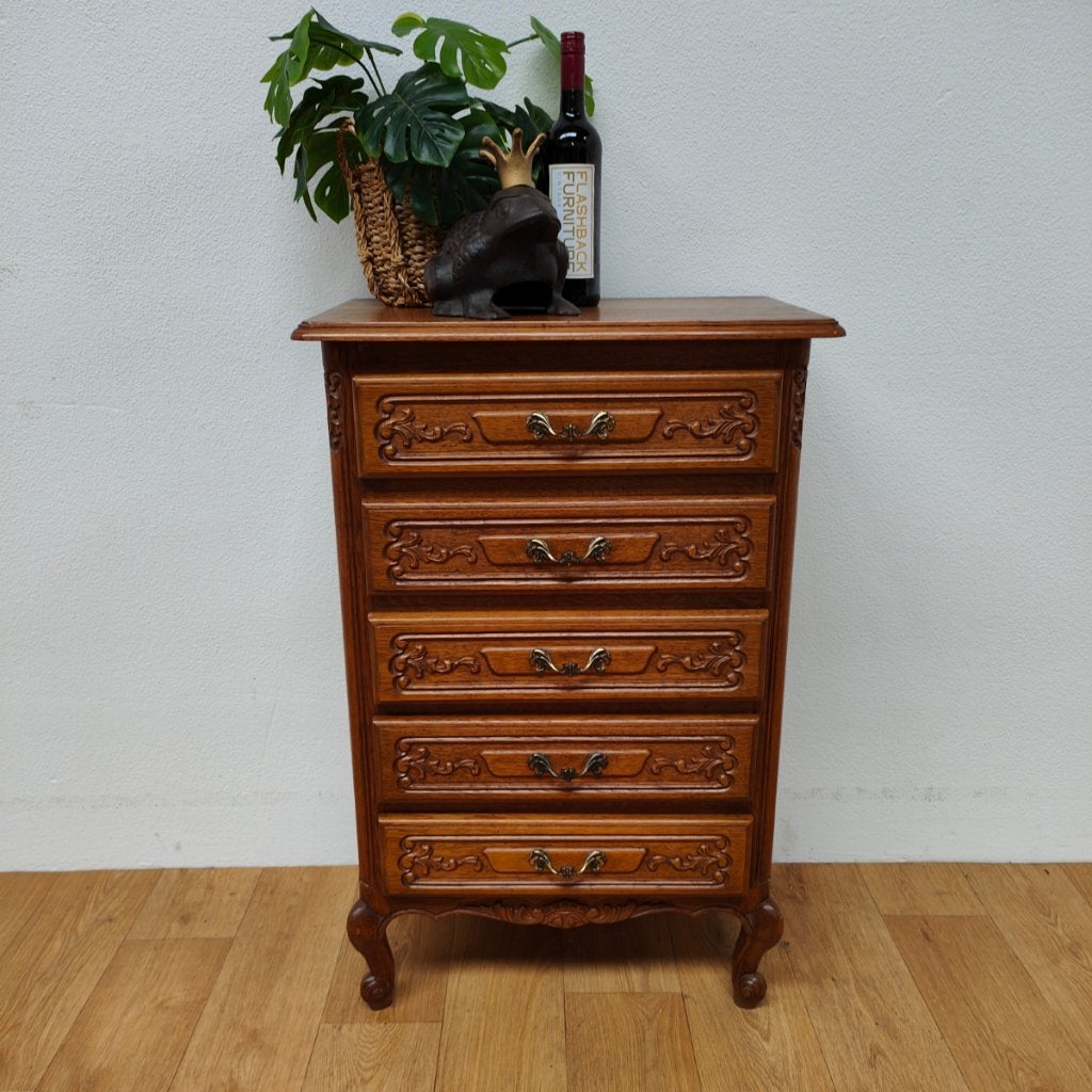 Vintage Queen Ann ladekastje nachtkastje ladekast 202, Gebruikt, 5 laden of meer, Info@flashbackfurniture.nl, Eikenhout