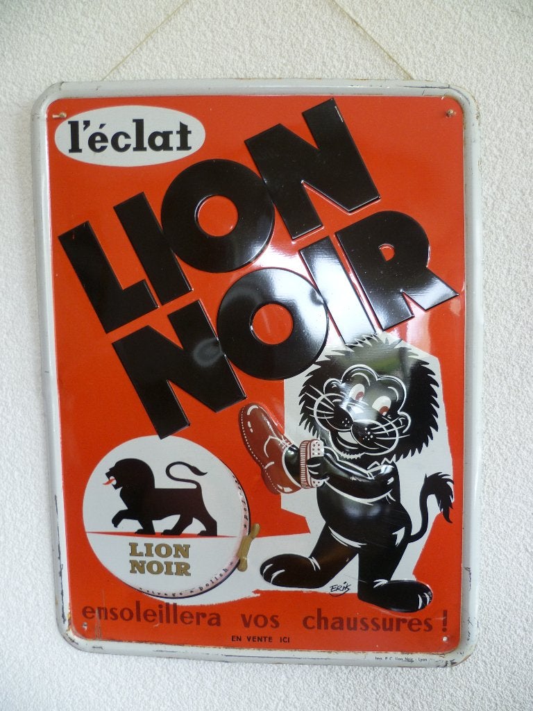 BLIKKEN RECLAME BORDJE"LION NOIR"UIT JAREN 50, Ophalen of Verzenden, Gebruikt, Reclamebord