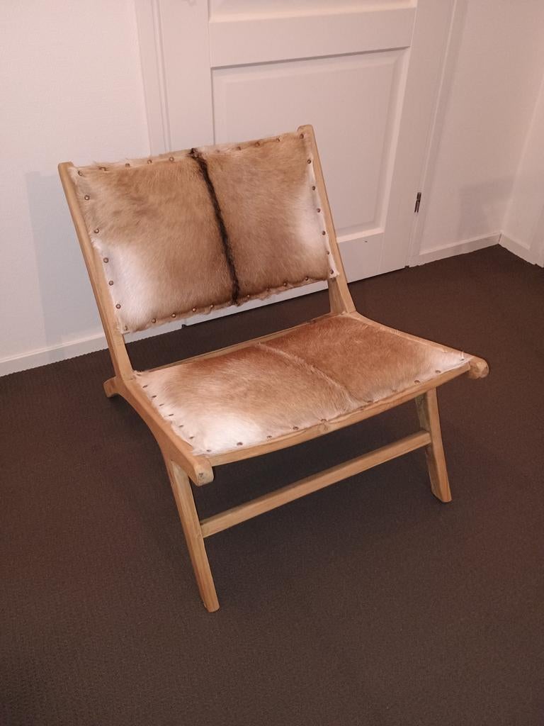 Prachtig unieke met geitenhuid bekleede fautuil van teakhout, Ophalen, Goath de Luxe, Minder dan 75 cm, Nieuw