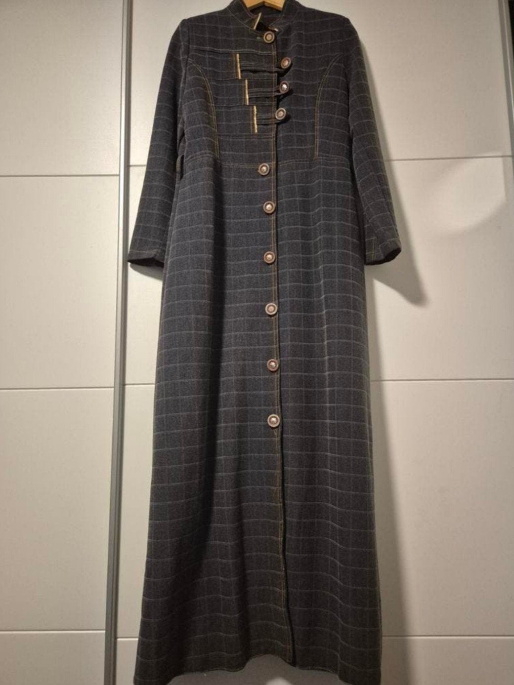 Lange geruite jas/jurk met knoopsluiting, Maat 38/40 (M), Ophalen of Verzenden, Grijs, Onbekend