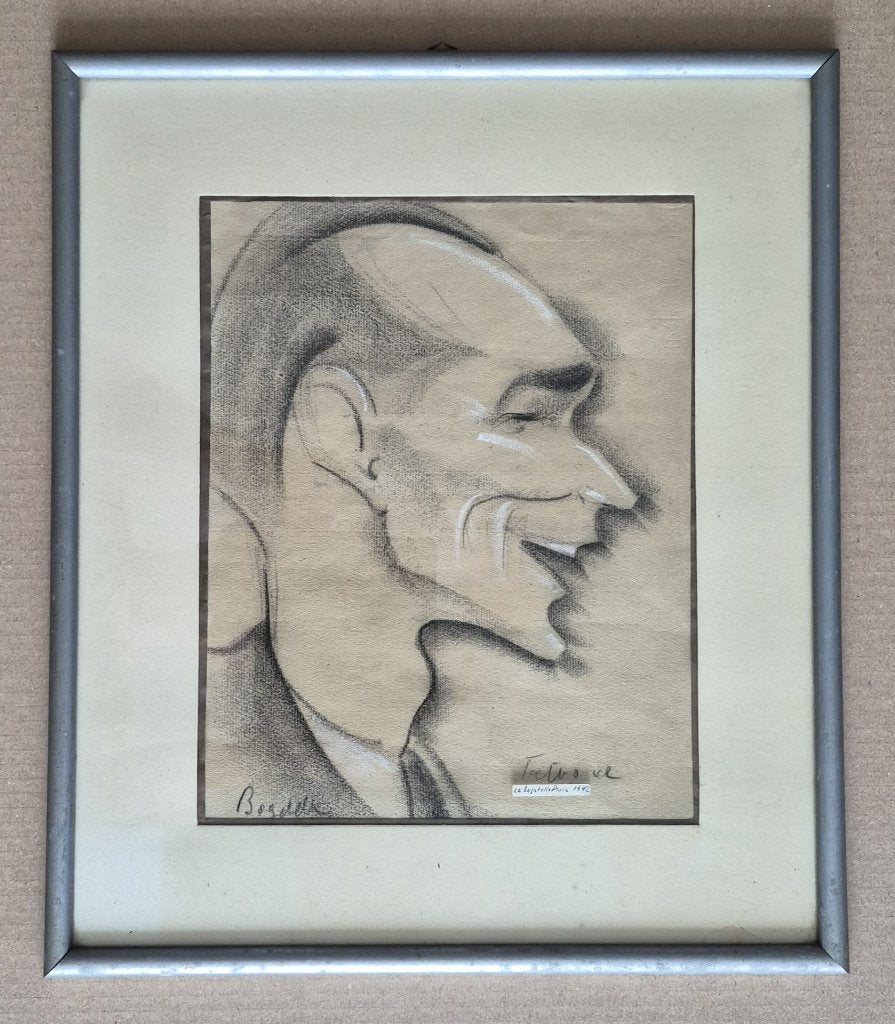 Lachende Duitser in Parijs 1942, Ophalen of Verzenden, Tekening, Houtskooltekening, Achter glas