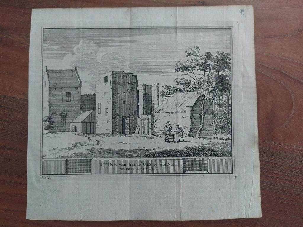 49 / Ruine Huis te Sand Katwijk - Originele gravure uit 1736, Antiek en Kunst, Kunst | Etsen en Gravures, Ophalen of Verzenden