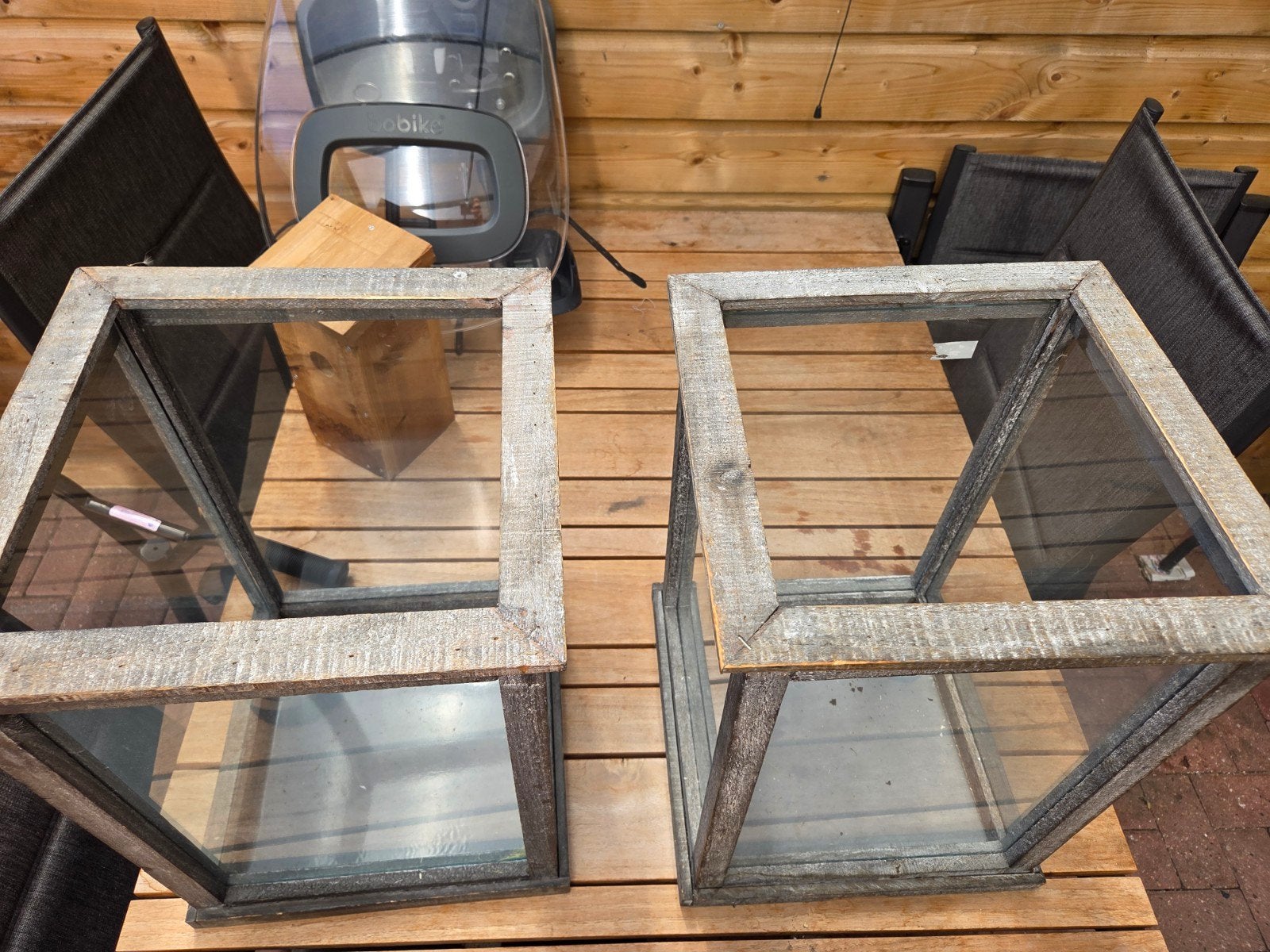 Set van 2 houten lantaarns met glas en verschillende potten, Ophalen, Gebruikt, Minder dan 60 cm, Vierkant