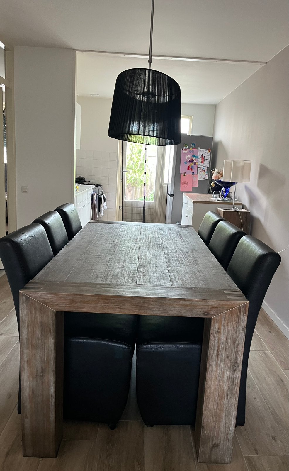 Eettafel met zes eetstoelen op wieltjes, Huis en Inrichting, Tafels | Eettafels, Ophalen, Gebruikt, 50 tot 100 cm, Vijf personen of meer