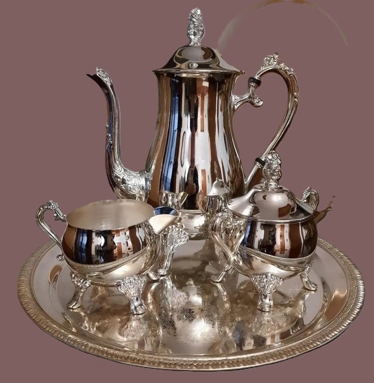 VERZILVERD KOFFIESTEL BESTAANDE UIT DIENBLAD DIAMETER 31 CM,, Antiek en Kunst, Ophalen of Verzenden, Zilver