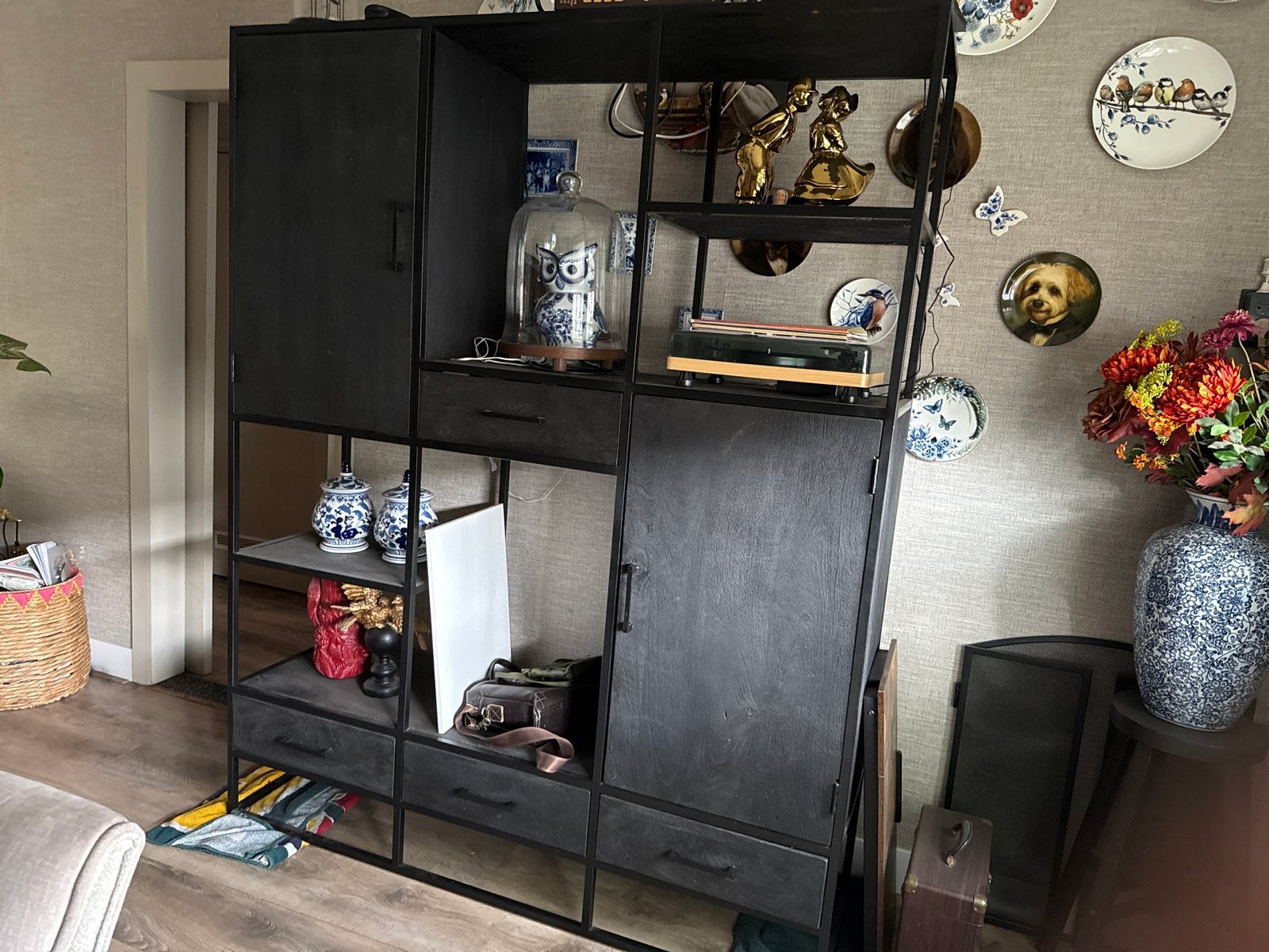 Open kast van mangohout met 4 lades en 2 deuren, Huis en Inrichting, Kasten | Boekenkasten, Ophalen, Gebruikt, 100 tot 150 cm