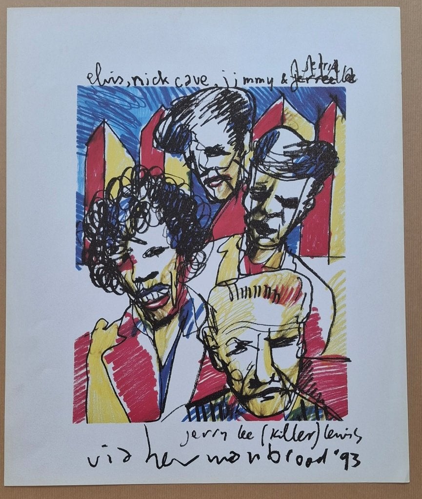 Herman Brood - Elvis, Hendrix, Nick Cave & Jerry Lee- Pop 93, Portret en Figuren, Gesigneerd in de plaat, Offsetdruk, Ophalen of Verzenden