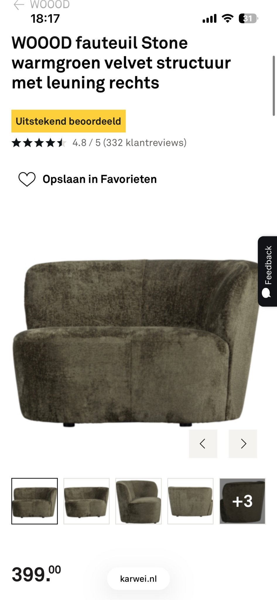 WOOOD fauteuil Stone warmgroen velvet structuur, Ophalen, Zo goed als nieuw, Stof, 75 tot 100 cm