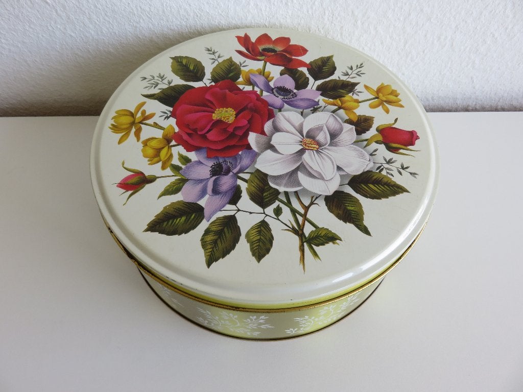 Groot rond wit blik met bloemen vintage, Verzamelen, Blikken, Ophalen of Verzenden, Gebruikt, Overige, Overige merken