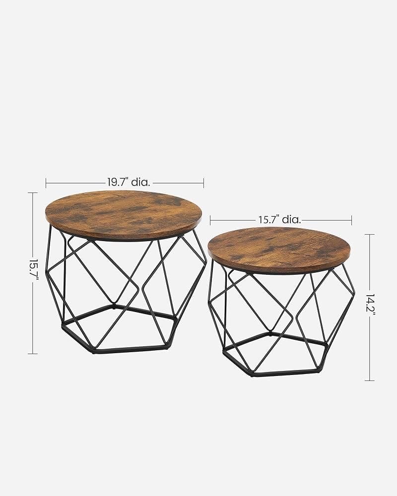 VASAGLE Salontafel Set van 2 Rond Industrieel Bruin Zwart, Ophalen of Verzenden, Nieuw, Rond, 50 tot 100 cm