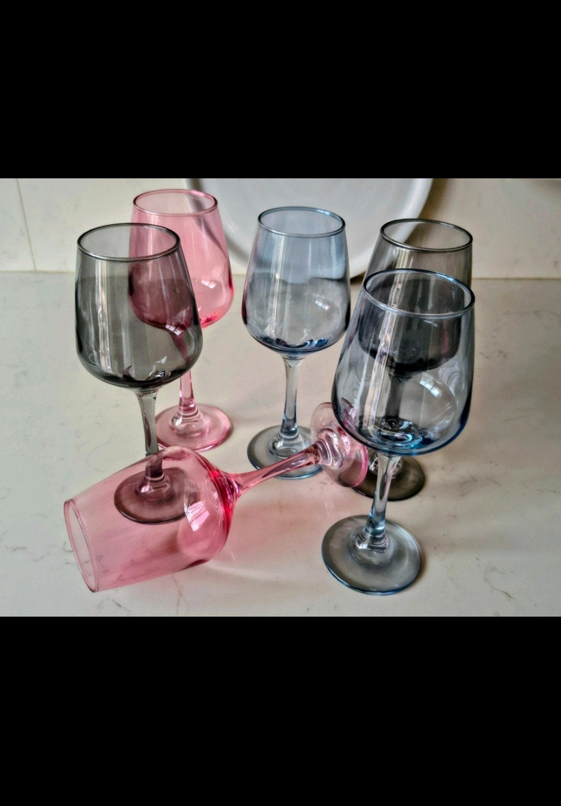 Set van 6 gekleurde wijnglazen - Roze, Blauw, Grijs, Huis en Inrichting, Keuken | Servies, Glas of Glazen, Ophalen of Verzenden