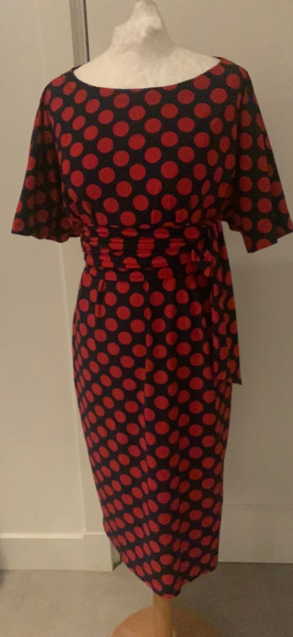 LaDress Aretha jurk L blauw rood stip travelstof zgan, Blauw, Maat 42/44 (L), Ophalen of Verzenden, Zo goed als nieuw