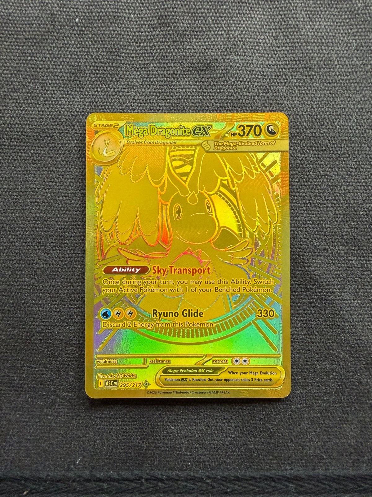 Mega Dragonite EX Pokémon Kaart - Full Art Gold, Ophalen of Verzenden, Zo goed als nieuw, Losse kaart, Foil