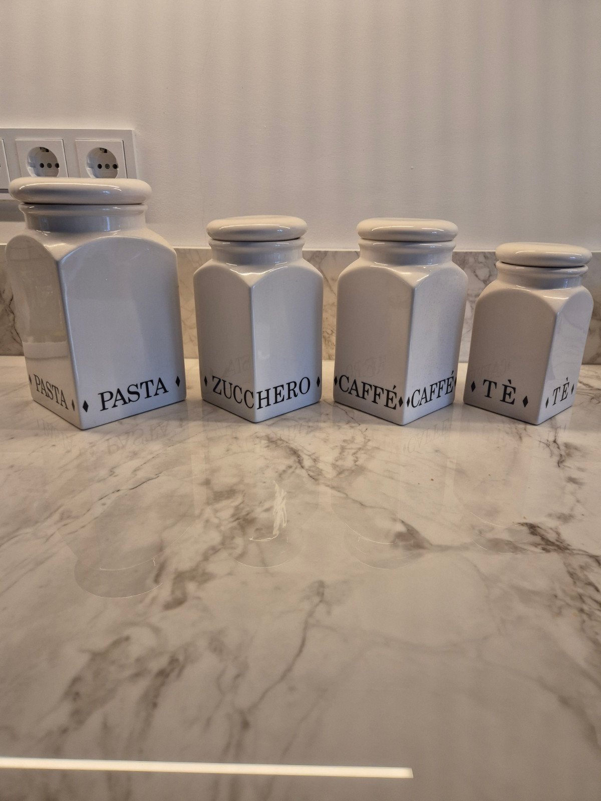Set van 4 vintage voorraadpotten met Italiaanse tekst, Ophalen, Zo goed als nieuw, Voorraadpot, Steen/keramiek