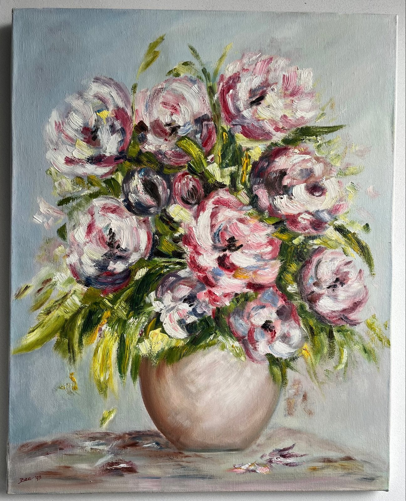 Schilderij met bloemen in vaas - 40x50cm, Handgeschilderd, Ophalen of Verzenden, Olieverf, Bloemen