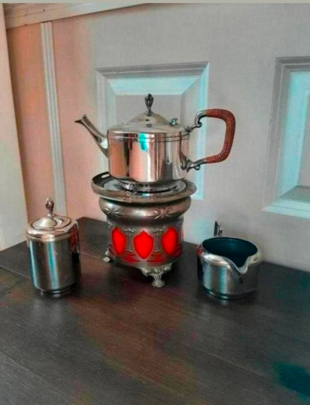 Tiel Holland. Theesetje Pot, brander, Suikerpot. Tin., Antiek en Kunst, Antiek | Tin, Ophalen of Verzenden