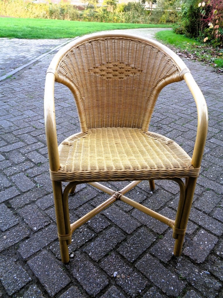 Vintage Rohé Noordwolde rotan stoel –met wiebertjespatroon -, Ophalen, Gebruikt, Bruin, Riet of Rotan