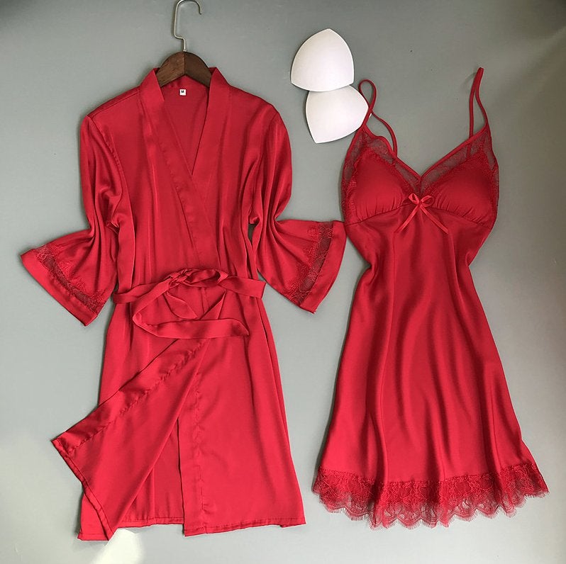 Rode kimono en nachtjapon set (ochtendjas badjas jurkje), Verzenden, Rood, Overige typen