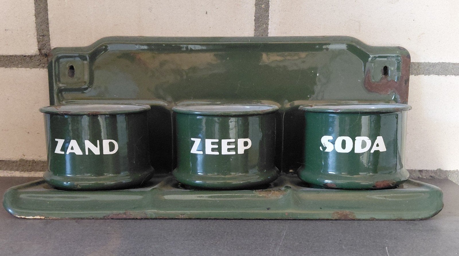 Vintage emaille rek met Zand, Zeep, Soda bakjes, Ophalen of Verzenden