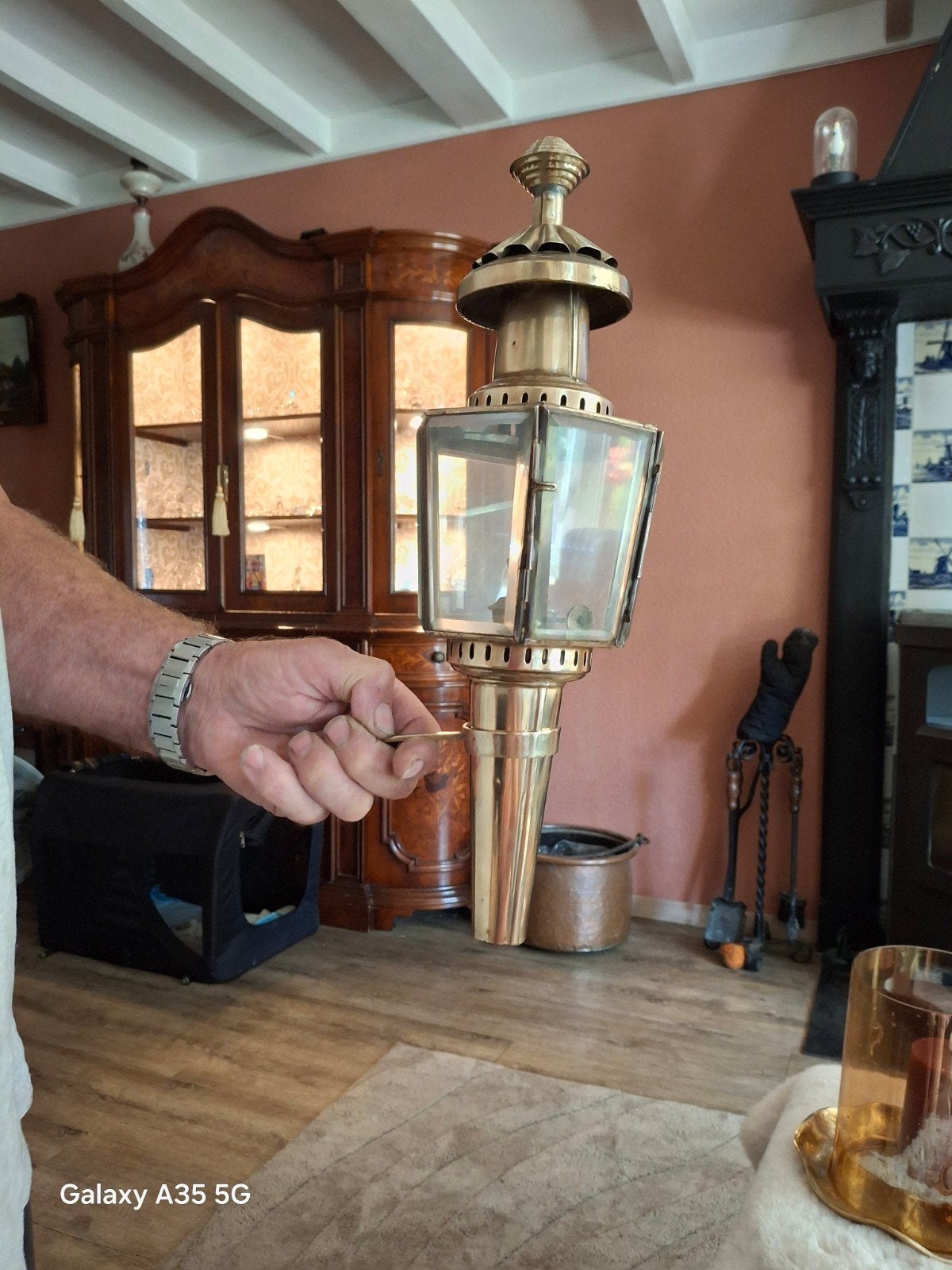 Antieke koperen koetslamp op petroleum, Antiek en Kunst, Antiek | Lampen, Ophalen of Verzenden