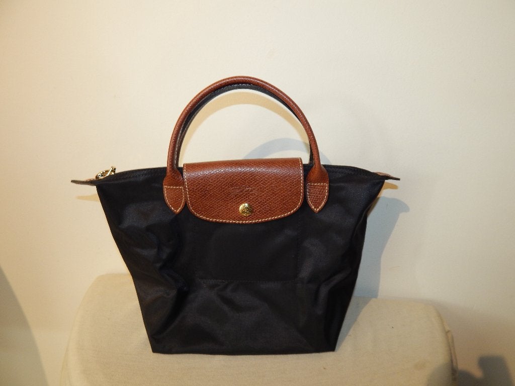 Longchamp zwarte handtas bruin leer gouden hardware, Verzenden, Zo goed als nieuw, Zwart, Handtas