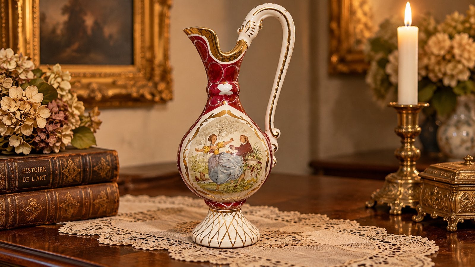 vintage porseleinen sierkan / ewer – romantisch tafereel, Antiek en Kunst, Ophalen of Verzenden