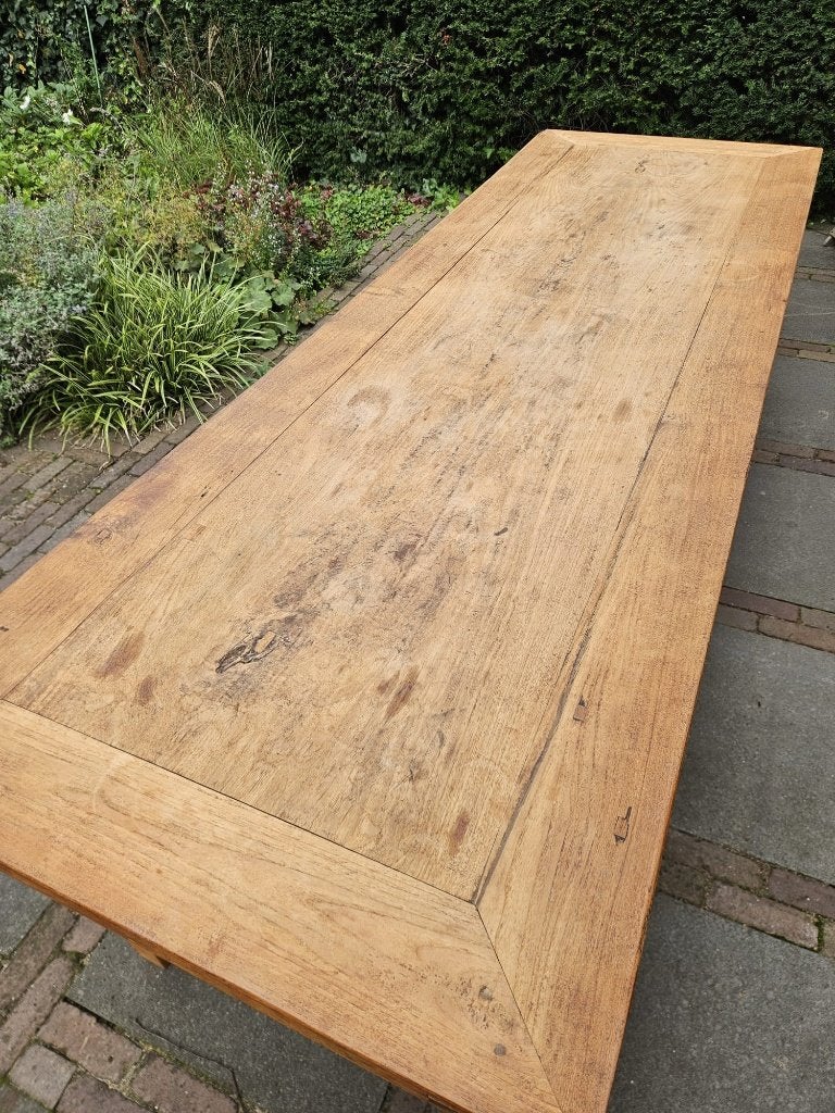 Rustiek Franse boeren eettafel 267x90cm, teakhout, Huis en Inrichting, Gebruikt, 200 cm of meer, 50 tot 100 cm, Vijf personen of meer