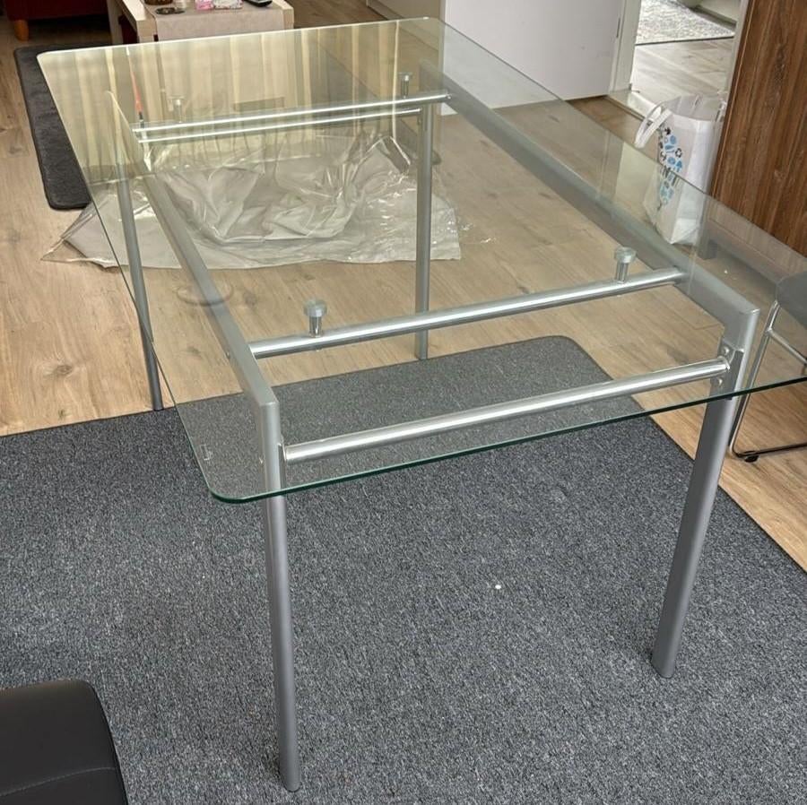 Glazen Eettafel met Metalen Onderstel, Huis en Inrichting, Tafels | Eettafels, Ophalen, 100 tot 150 cm, Zo goed als nieuw, Vijf personen of meer