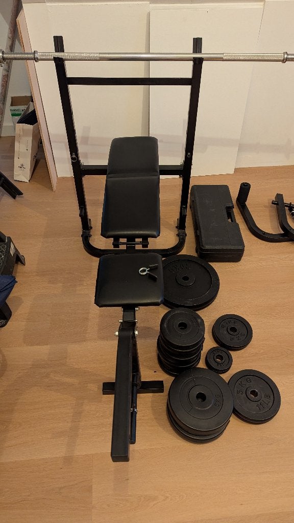 halterbank + stang + 78KG aan schijven, Sport en Fitness, Fitnessmaterialen, Ophalen, Gebruikt, Armen, Halterset