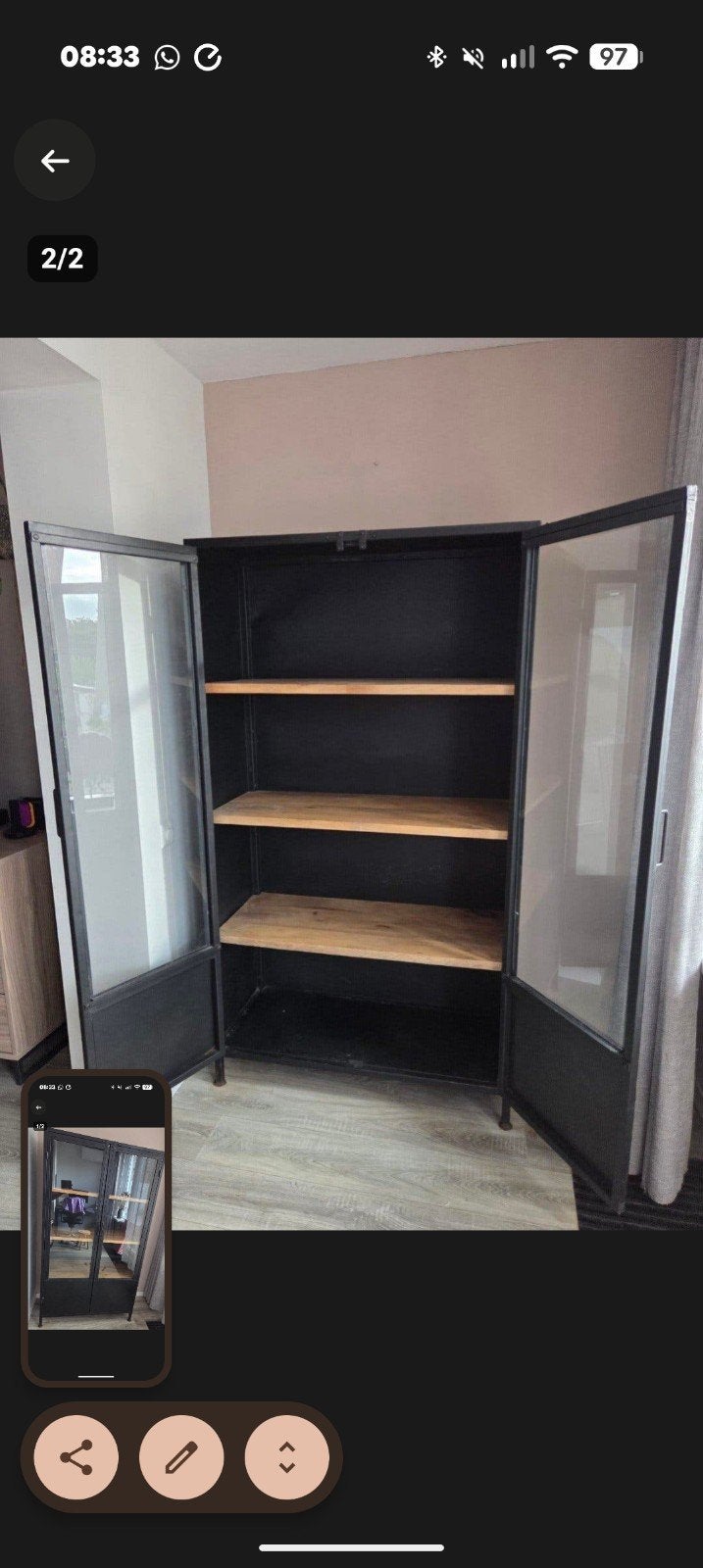 Mooie zwarte loods5 vitrinekast, Ophalen, Gebruikt, 200 cm of meer, Metaal