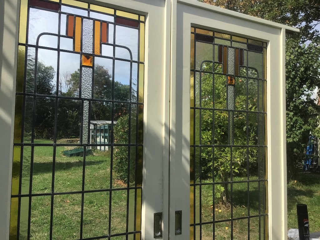 Geweldige antieke glas in lood schuifdeuren, Ophalen, 120 cm of meer, Binnendeur, 200 tot 215 cm