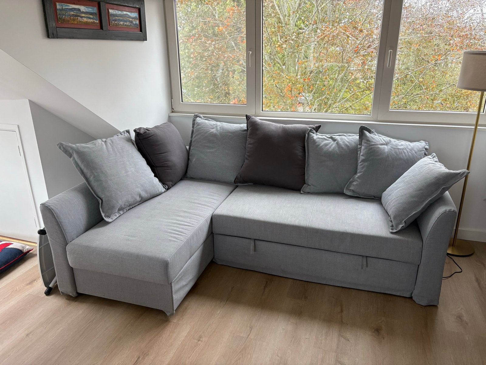 IKEA sofa bed Grijze slaapbank en opbergruimte, Ophalen, Tweepersoons, 140 cm, Zo goed als nieuw