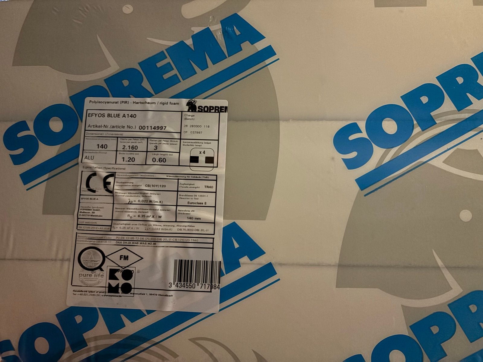Soprema EFYOS BLUE A140 PIR isolatieplaten + 4 bussen pur, Doe-het-zelf en Verbouw, Ophalen, 12 cm of meer, Nieuw, Hardschuim (Pir)