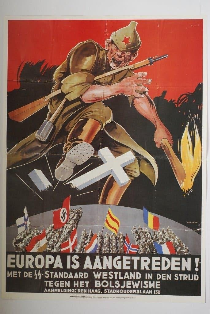 WOII Propaganda Poster: Europa is Aangetreden! Heruitgave, Verzamelen, Zo goed als nieuw, Verzenden, Amsterdam, Overige soorten