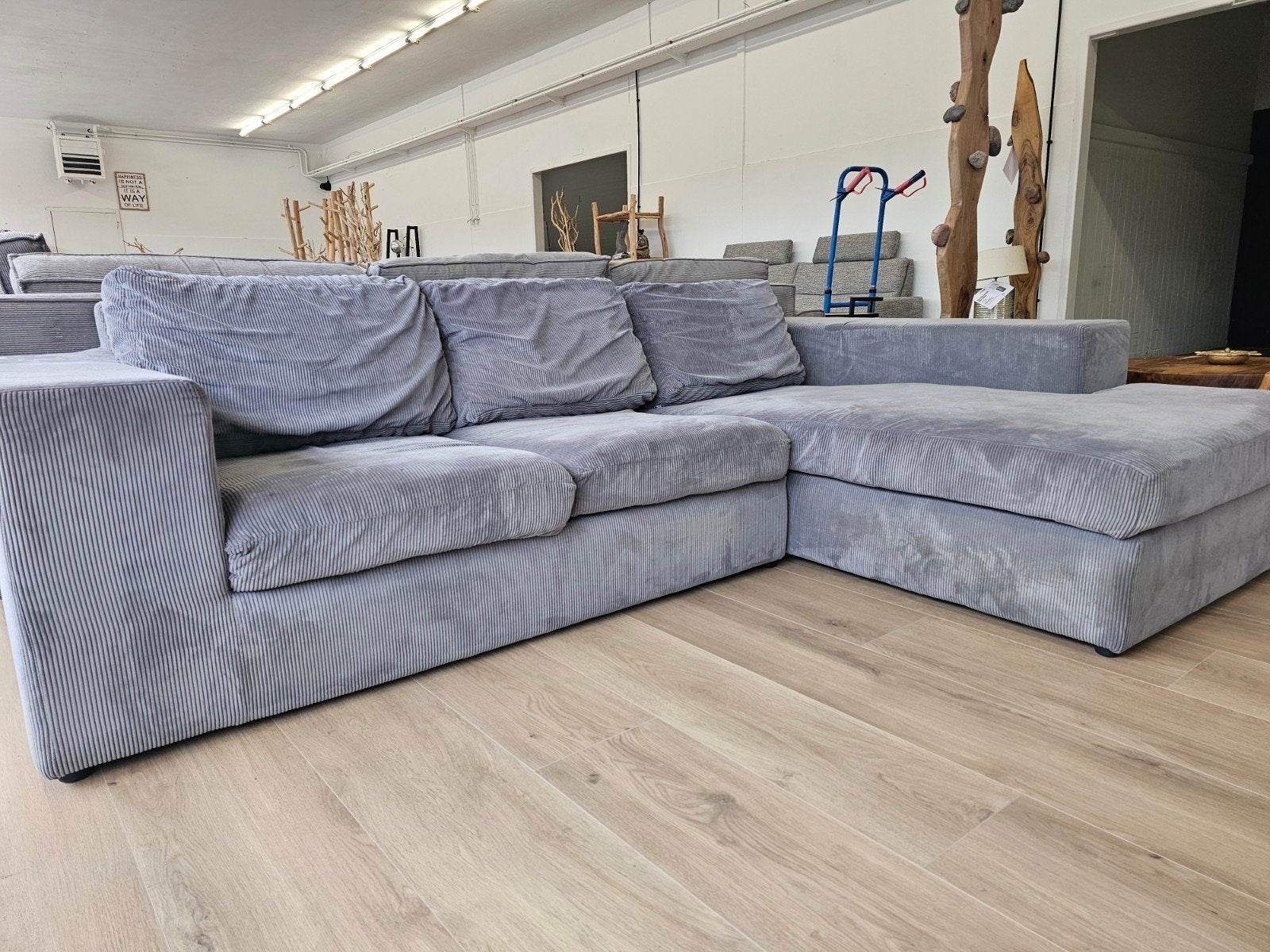 Grijze Ribstof hoekbank met losse kussens, Ophalen, 125 cm of meer, 125 cm of meer, Home Friesland