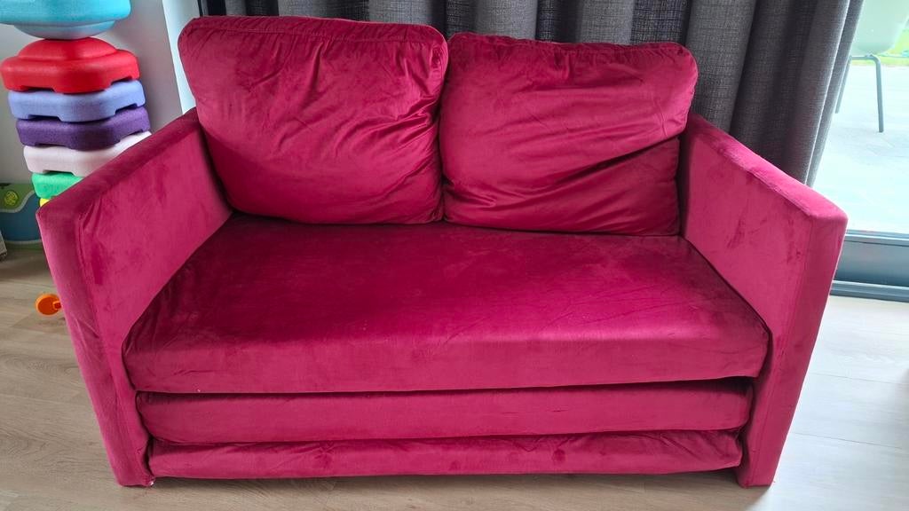 Slaapbank, rood/roze fluweel, Ophalen, Zo goed als nieuw, Tweepersoons, Rood