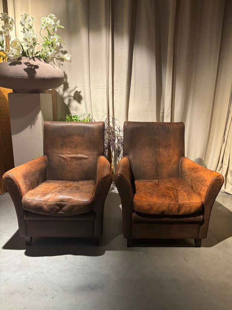 2 Stoere Vintage Leren fauteuils Orgineel Baan gelabeld, Waddinxveen, Gebruikt, Baan, Stoer Vintage Landelijk