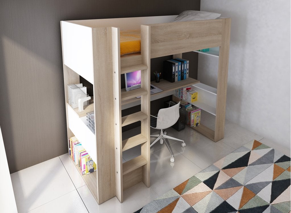 Twist hoogslaper met bureau - 90x200 - Lichteiken met wit, Niet ingevuld, Niet ingevuld, Niet ingevuld