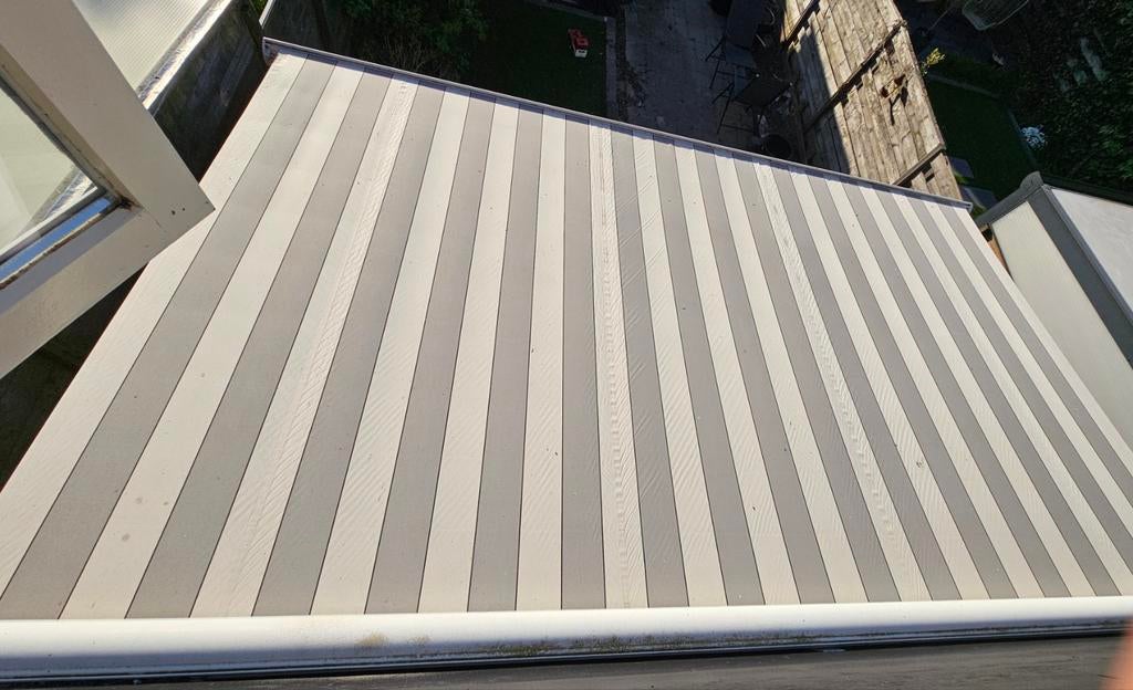 Brustor Knikarmscherm - Grijs/Wit gestreept, Gebruikt, 450 cm of meer, Elektrisch, Ophalen of Verzenden