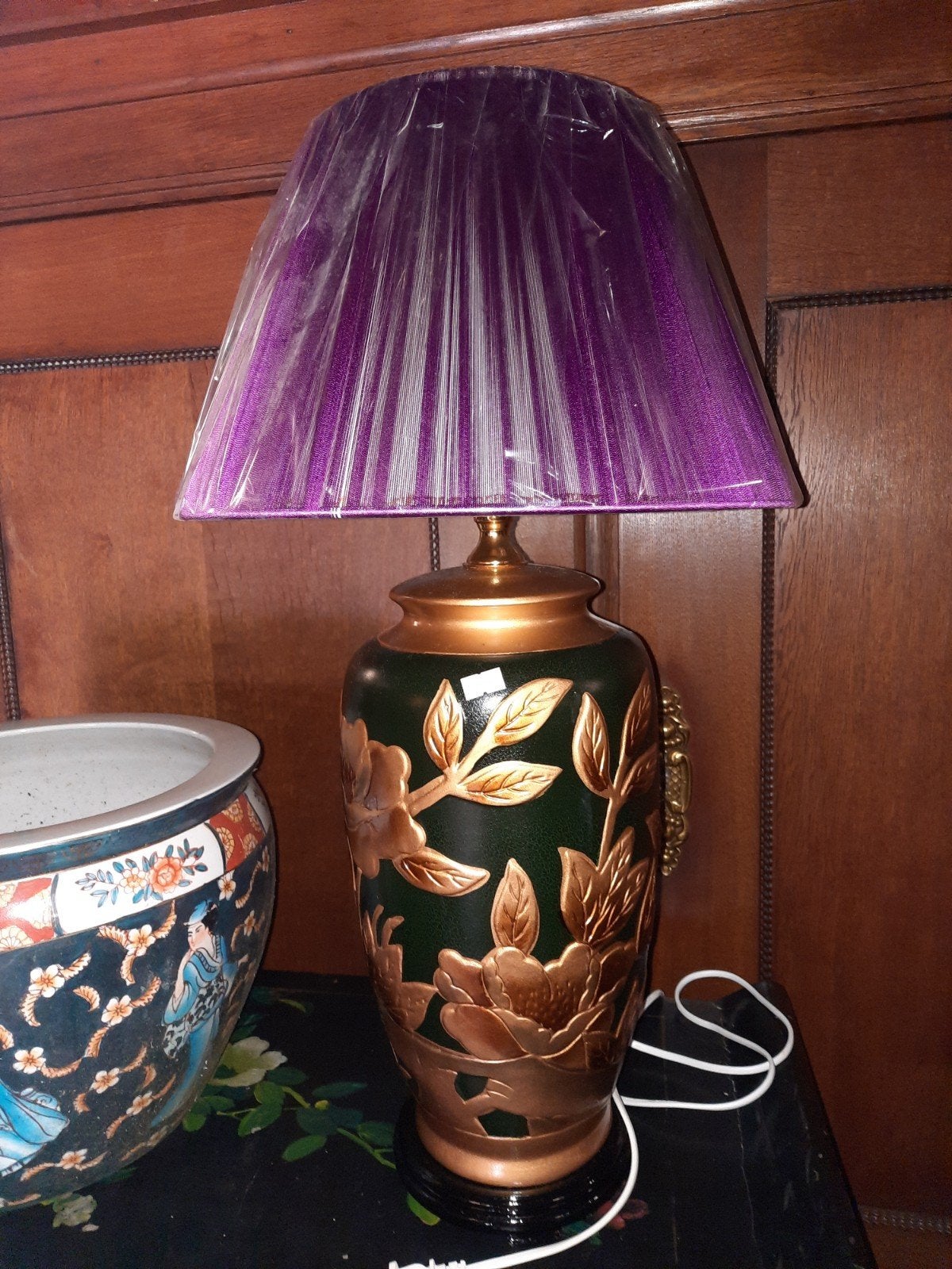 Oosterse Tafellamp met Paarse of rode  Kap - Groen/Brons, Ophalen of Verzenden