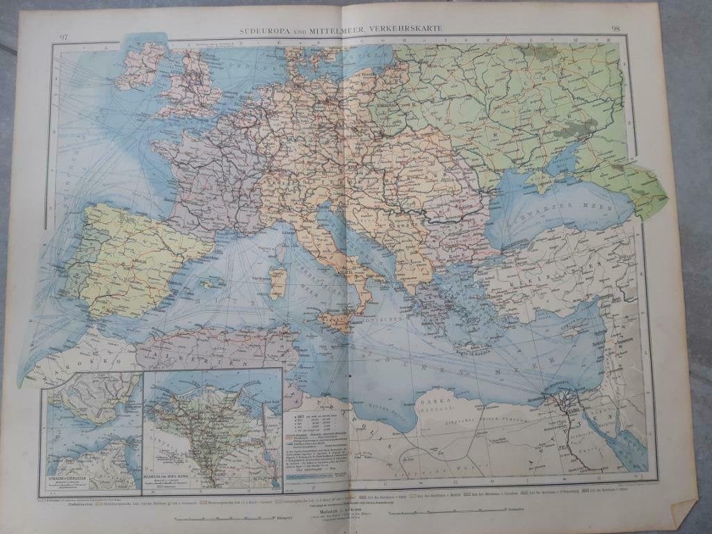 97-98/ verkeerskaart van Europa en Middellandse Zee uit 1899, Ophalen of Verzenden