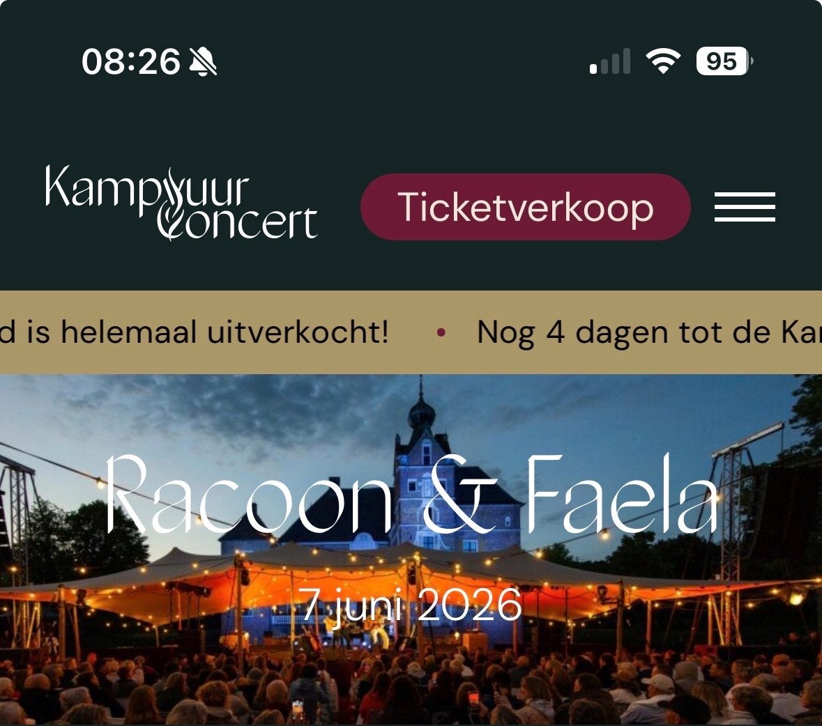 4 tickets kampvuurconcert Racoon en Faela 7 juni, Tickets en Kaartjes, Drie personen of meer, Juni
