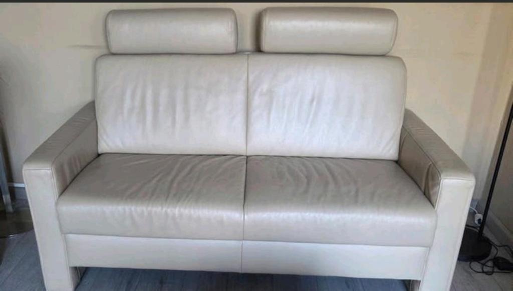 Crème lederlook bank met verstelbare hoofdsteunen, Ophalen, Overige materialen, Gebruikt, Minder dan 75 cm