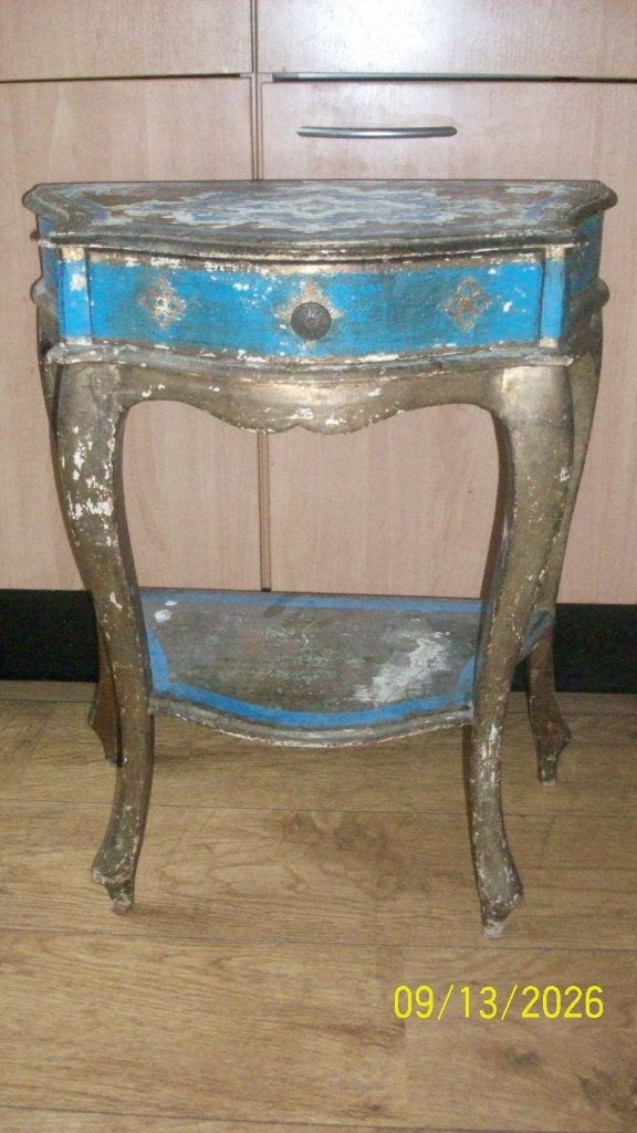 Antiek frans tafeltje met lade - Blauw/Goud, Ophalen