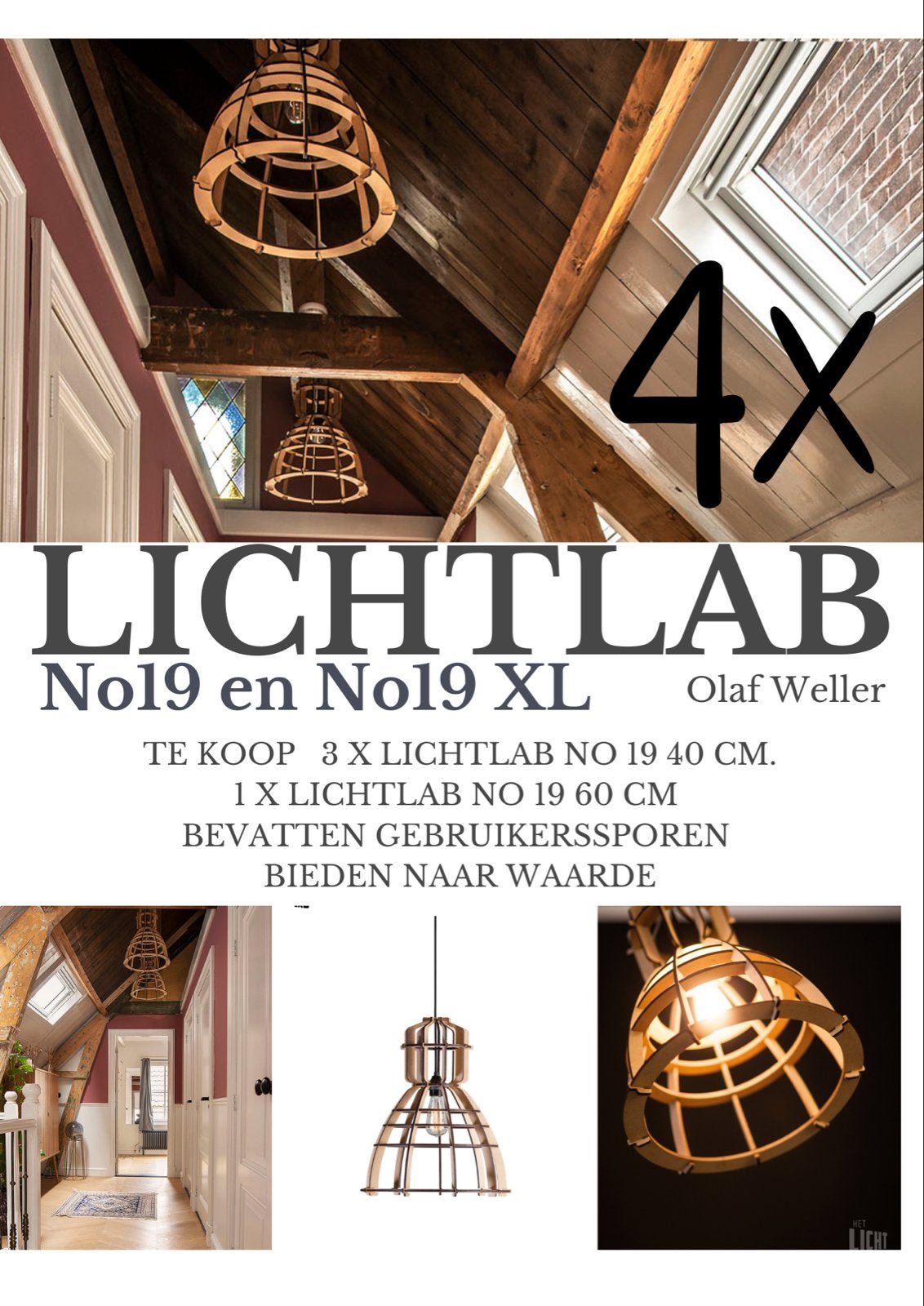 4x Lichtlab No19 Designlampen Olaf Weller (3x 40cm, 1x 60cm), Ophalen, Gebruikt, Hout