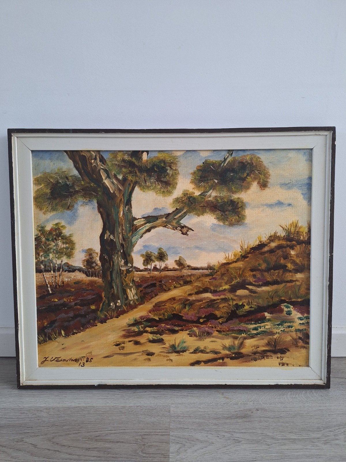 Schilderij: Landschap met boom en heide, gesigneerd, Ophalen of Verzenden