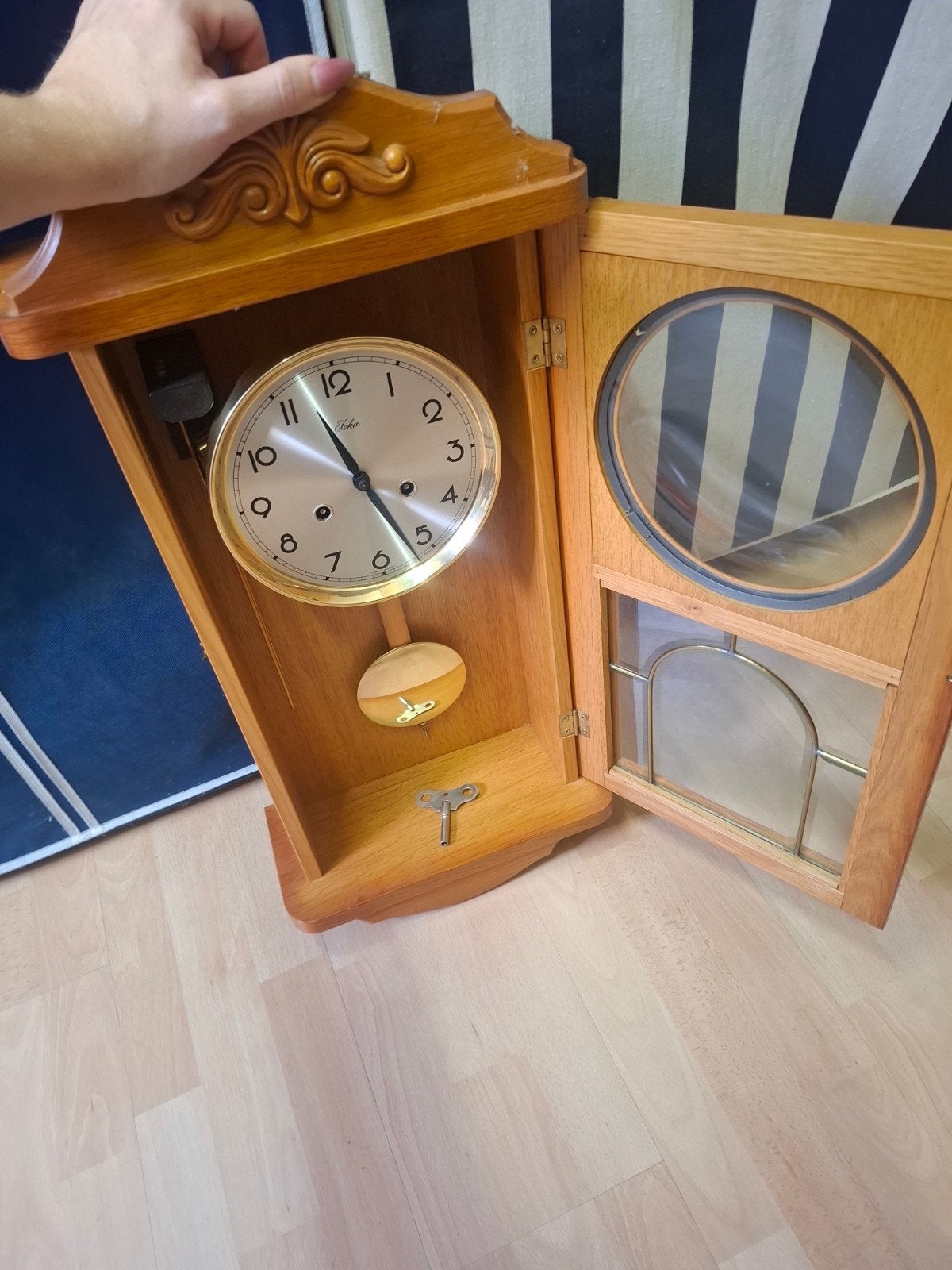 Vintage Teka regulateur wandklok (eiken) - Compleet, Antiek en Kunst, Antiek | Klokken, Ophalen of Verzenden