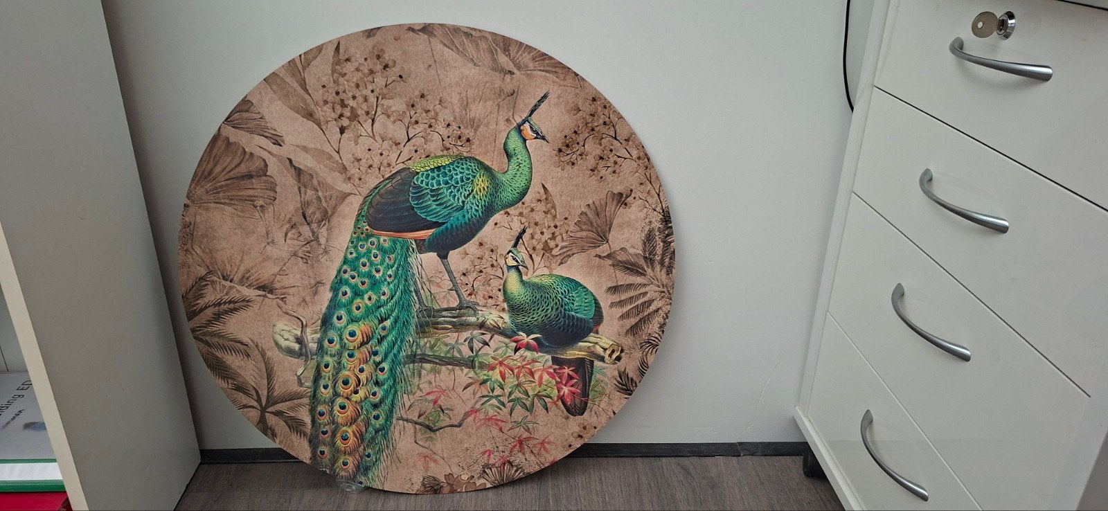 Wandcirkel Oriëntaalse Pauwen - 60 cm Doorsnede, Hout, Dieren, Print, Ophalen