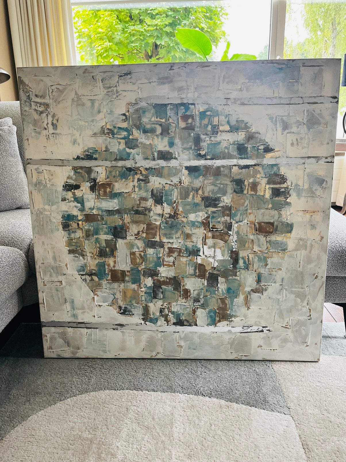 Abstract schilderij, groen/grijs/bruin/zilvertinten, 100x100, Ophalen, Zo goed als nieuw