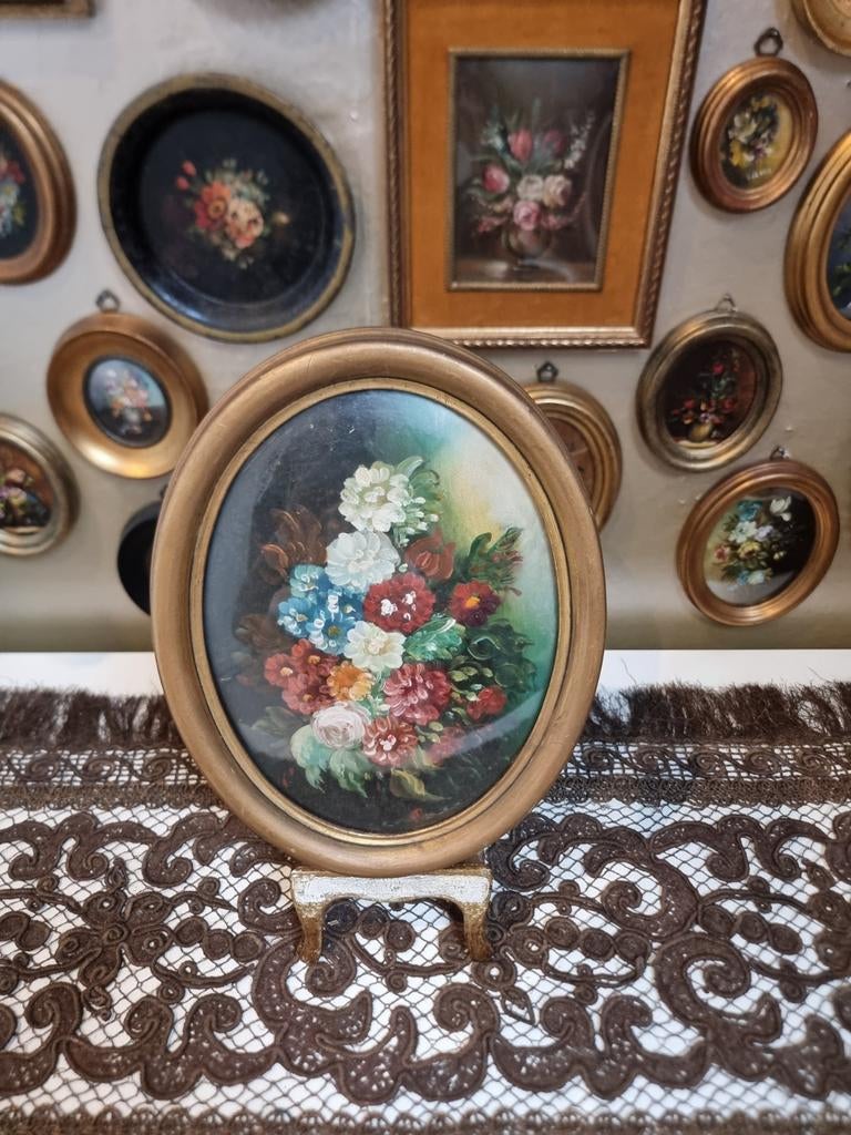 Oud olieverf olieverfschilderij schilderijtje bloemen K74, Antiek en Kunst, Ophalen of Verzenden
